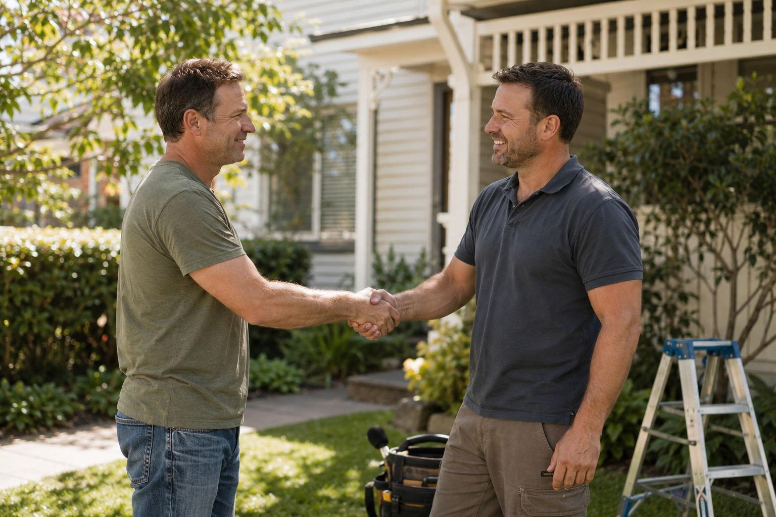Homeowner and Sydney handyman pros tradie shaking hands after a finished job