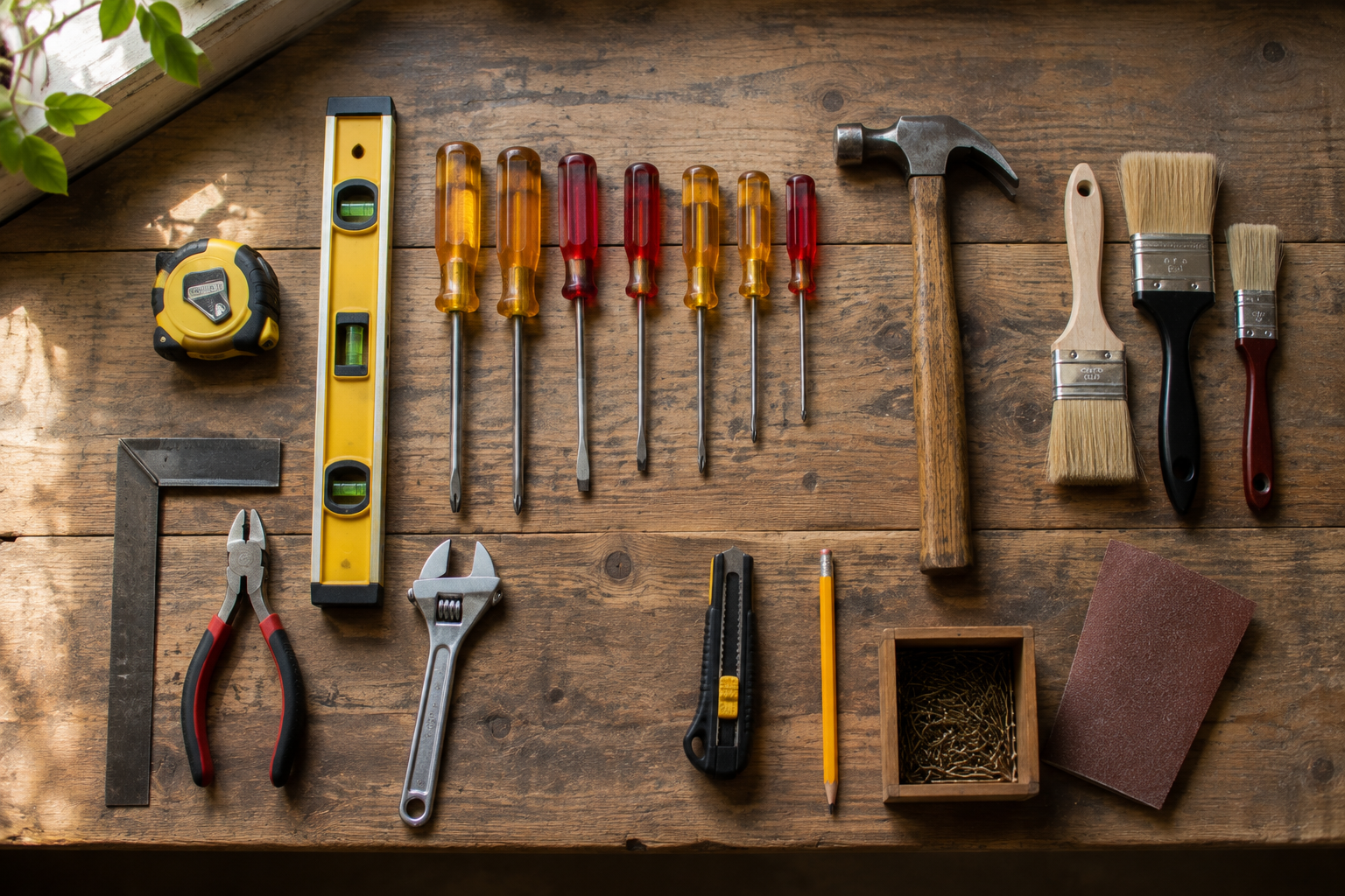 Tools used across the Sydney handyman pros services list laid out on a bench